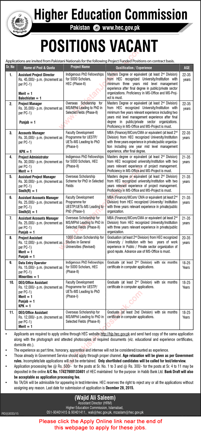 Higher Education Commission Jobs December 2015 HEC Islamabad Apply Online Latest Advertisement