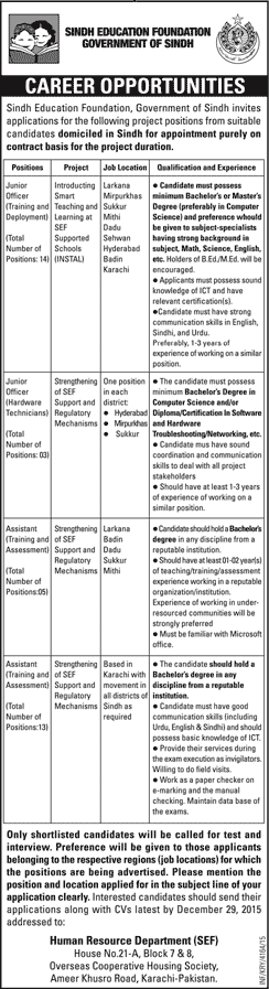 Sindh Education Foundation Jobs 2015 December SEF Assistants & Junior Officers Latest Advertisement