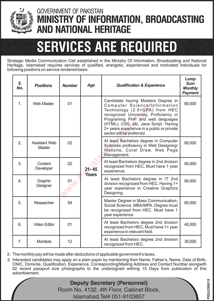 Ministry of Information, Broadcasting and National Heritage Jobs December 2015 / 2016 Islamabad Pakistan Latest