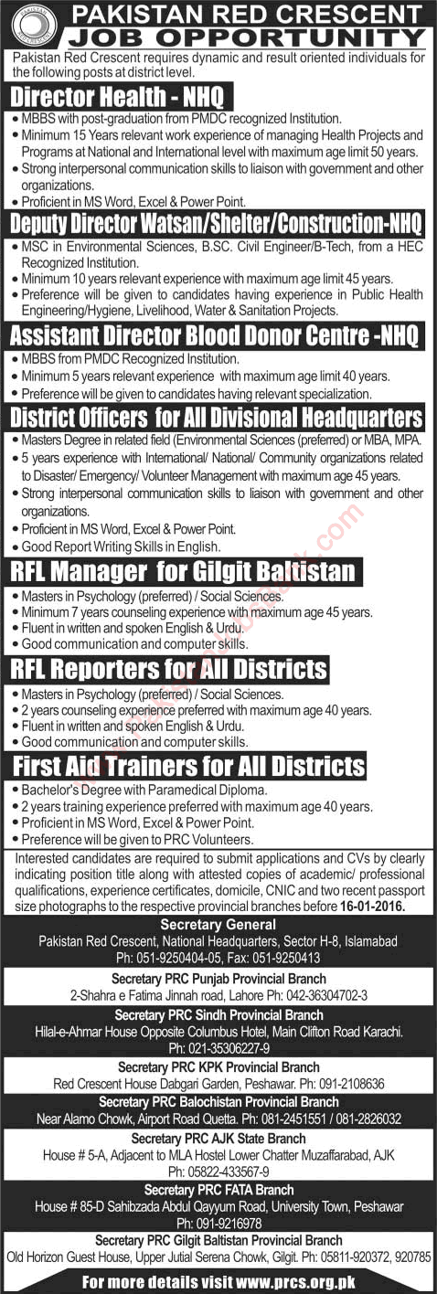Pakistan Red Crescent Society Jobs 2016 PRCS District Officers, RFL Reporters, First Aid Trainers & Others Latest