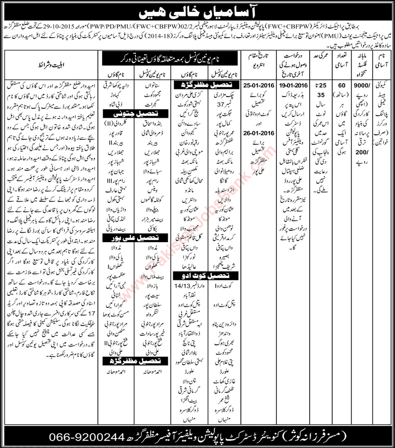 Population Welfare Department Muzaffargarh Jobs 2016 for Family Planning Workers Latest