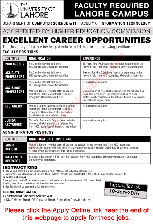 University of Lahore Jobs 2016 UOL Online Application Form Teaching Faculty & Others Latest