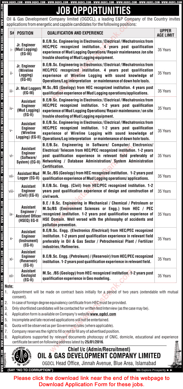 OGDCL Jobs 2016 Application Form Download for Engineers, Mud Loggers & Geologists Latest