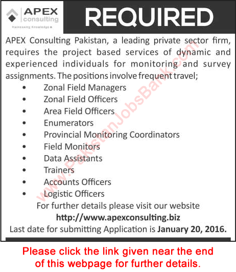 APEX Consulting Pakistan Jobs 2016 Field Monitors / Officers, Data Assistants, Trainers & Others Latest