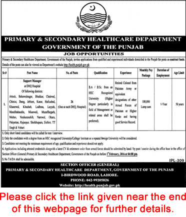 Primary and Secondary Healthcare Department Punjab Jobs 2016 for Support Managers in DHQ Hospitals Latest