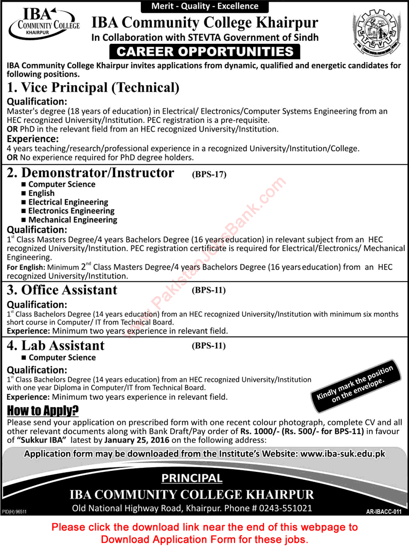 IBA Community College Khairpur Jobs 2016 Application Form Instructors, Office / Lab Assistants & Vice Principal Latest