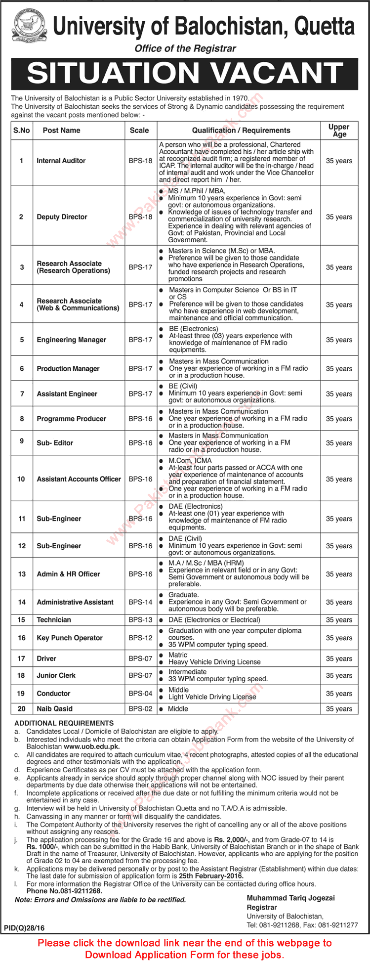 University of Balochistan Quetta Jobs 2016 UOB Application Form Download Latest Advertisement