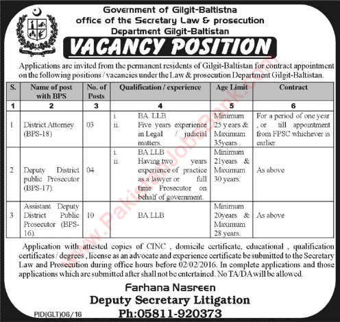 Law and Prosecution Department Gilgit Baltistan Jobs 2016 District Public Prosecutors & Attorneys Latest