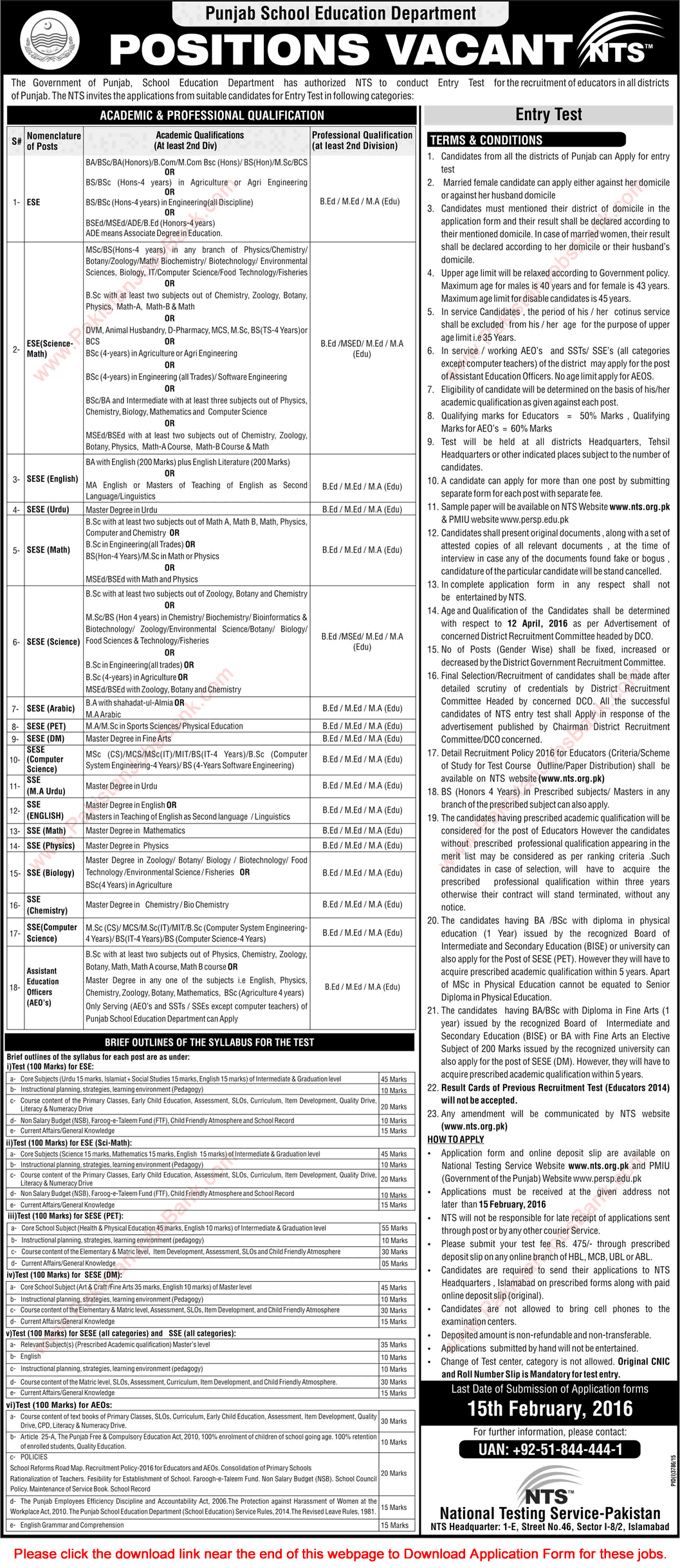 Punjab School Education Department Jobs 2016 NTS Application Form Teachers / Educators & Education Officers Latest