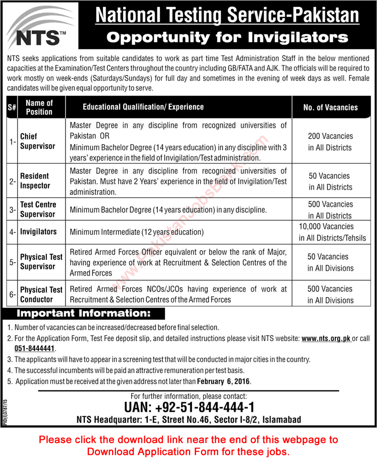 Invigilators Jobs in NTS 2016 Application Form National Testing Service Pakistan Staff Latest