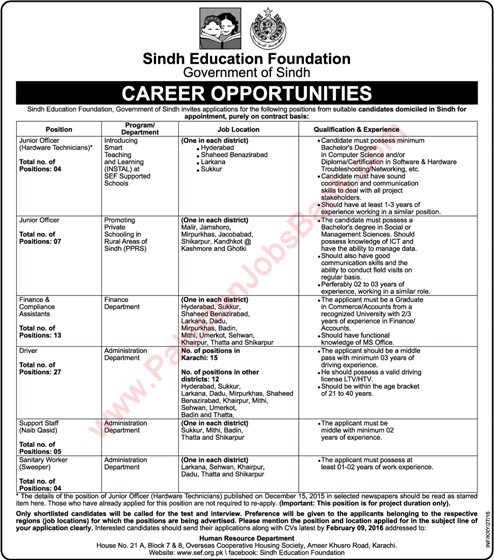 Sindh Education Foundation Jobs 2016 SEF Junior Officers, Finance / Compliance Assistants, Drivers & Others Latest