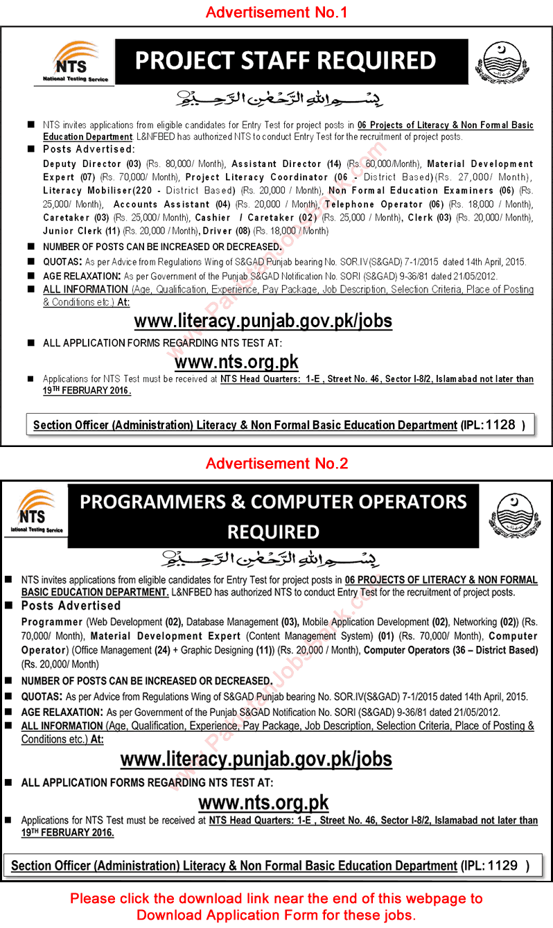 Literacy Department Punjab Jobs 2016 NTS Application Form Download Latest