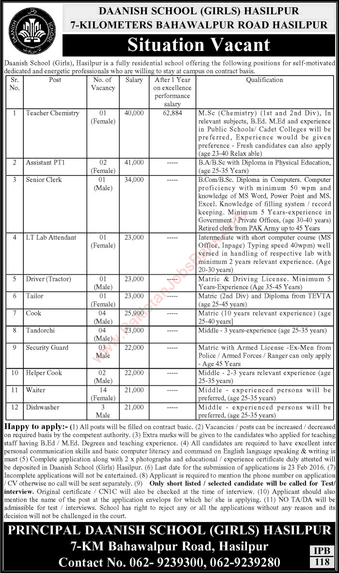 Danish School Hasilpur Jobs 2016 February Teachers, Admin & Support Staff Latest