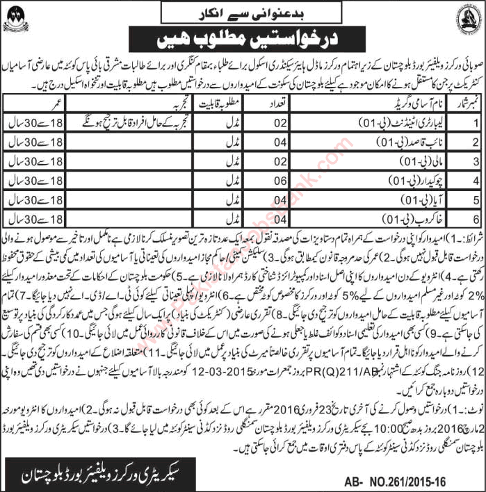 Workers Welfare Board Balochistan Jobs 2016 February Naib Qasid, Chowkidar, Lab Attendants & Others