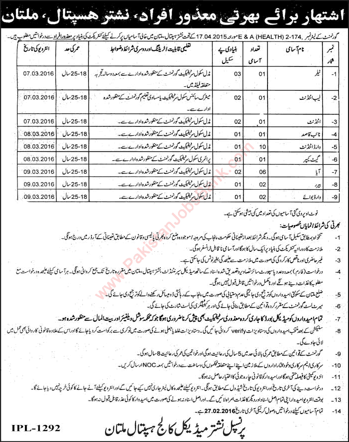 Nishtar Hospital Multan Jobs 2016 February Disabled Quota Ward Attendants, Aya & Others Latest