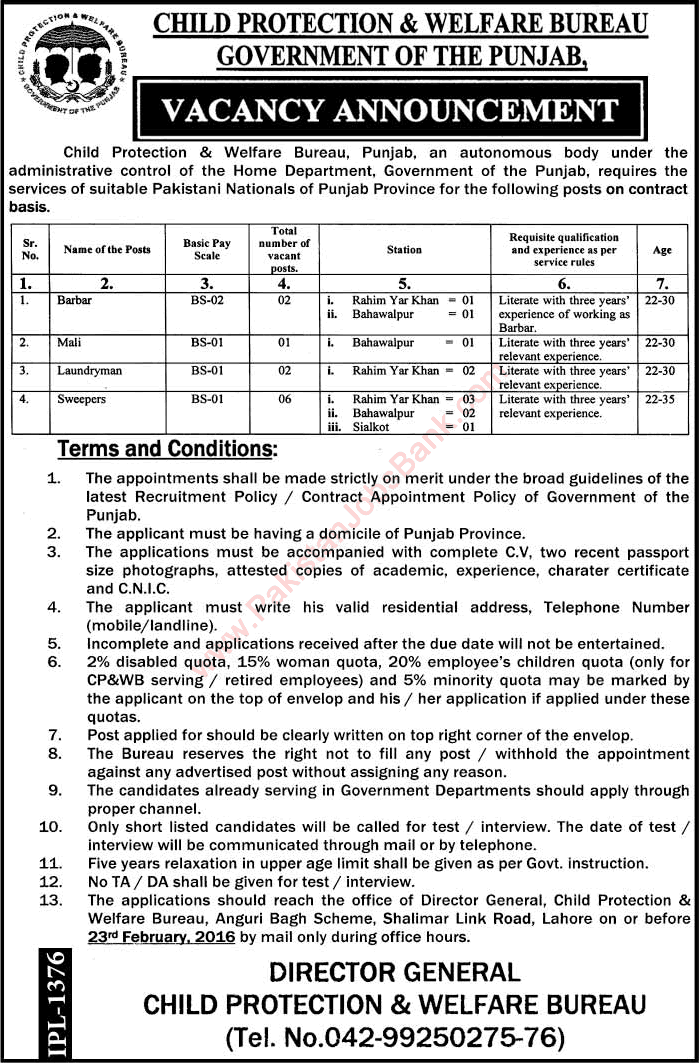 Child Protection and Welfare Bureau Punjab Jobs 2016 February Sweepers, Laundryman, Mali & Barbers Latest