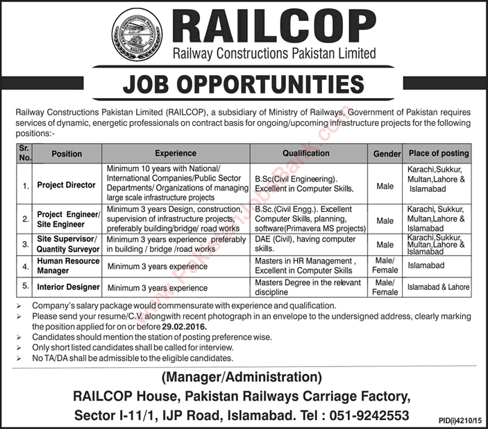 RAILCOP Pakistan Jobs 2016 February Railway Constructions Pakistan Limited Latest