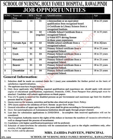 School of Nursing Holy Family Hospital Rawalpindi Jobs 2016 February Latest