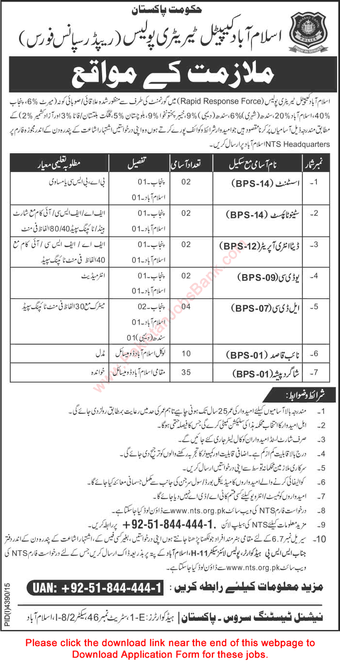 Islamabad Police Jobs February 2016 NTS Shagird Pesha, Naib Qasid, LDC/UDC Clerks & Others Application Form Latest