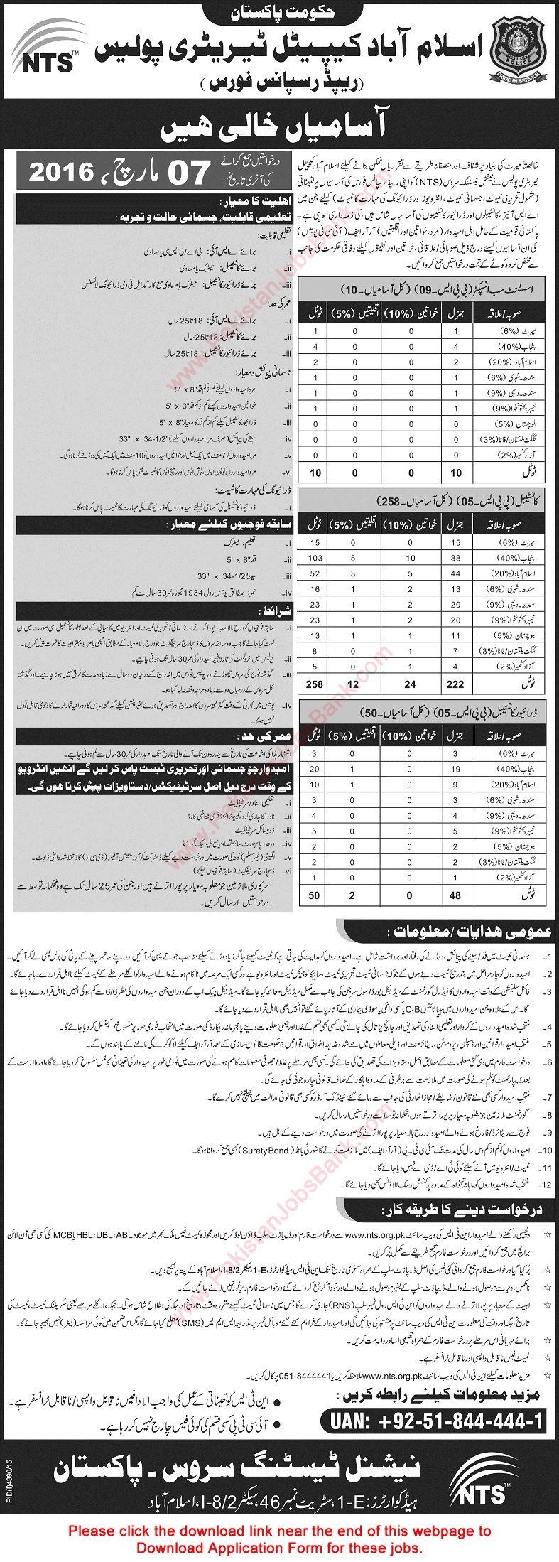 Islamabad Police Jobs February 2016 NTS Constables, Drivers & ASI Rapid Response Force Application Form Latest