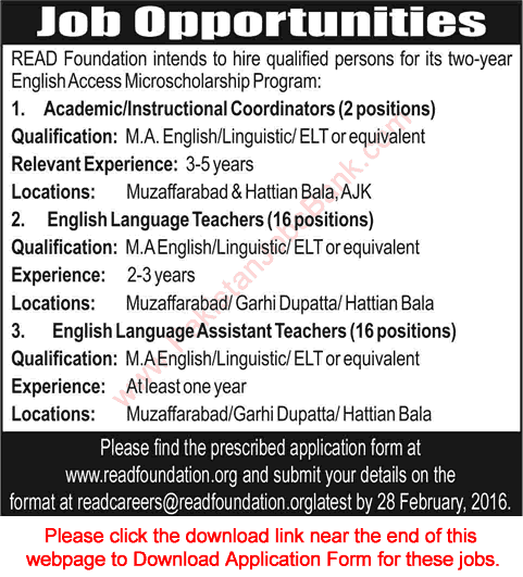 Read Foundation Jobs 2016 February AJK Application Form Teachers for English Access Microscholarship Program Latest