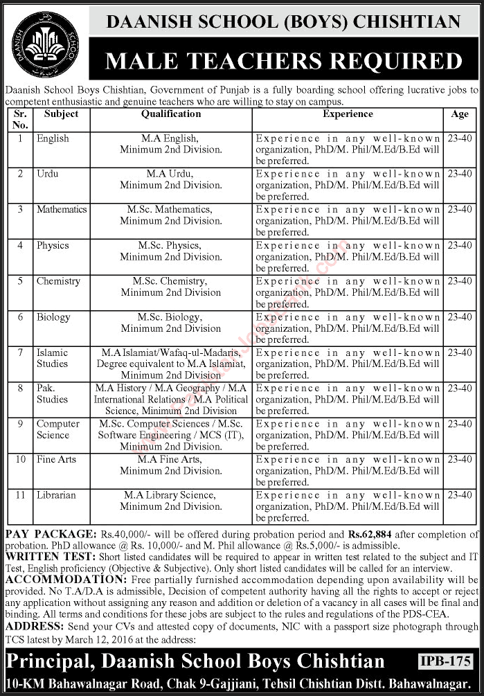 Danish School Chishtian Jobs 2016 February Teachers & Librarian Latest