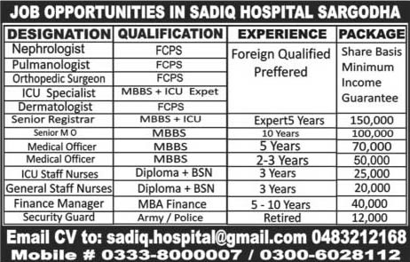 Sadiq Hospital Sargodha Jobs 2016 March Medical Officers, Specialists Doctors, Staff Nurses & Others Latest