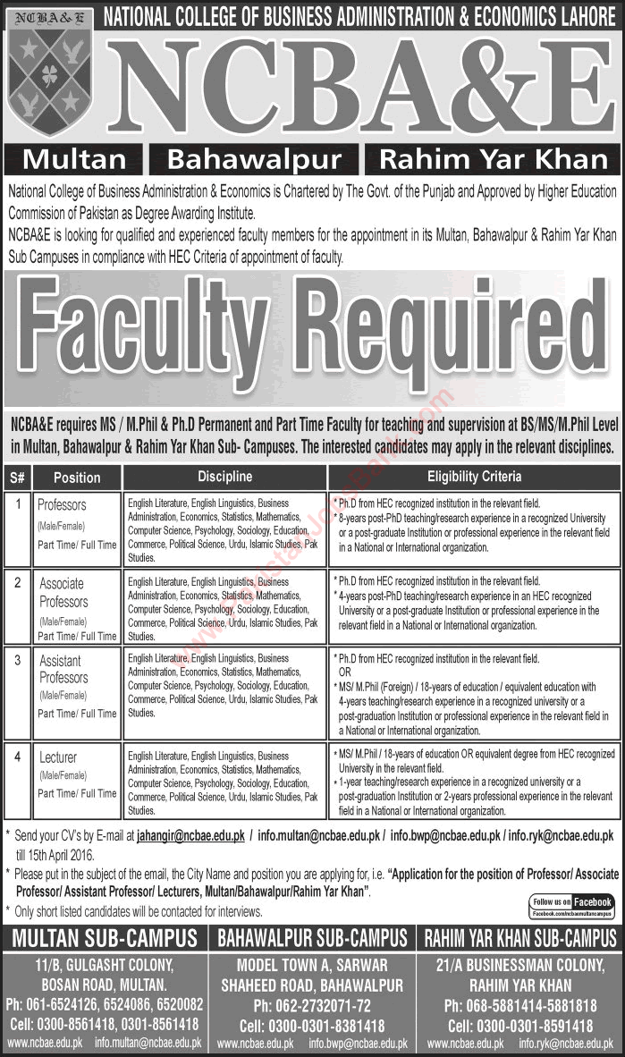 NCBA&E Jobs 2016 March Teaching Faculty in Multan, Bahawalpur & Rahim Yar Khan Campuses Latest