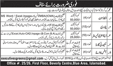 Gulberg Greens Islamabad Jobs 2016 March Data Entry Operators, Patwari, Accountants, Security Guards & Office Boys