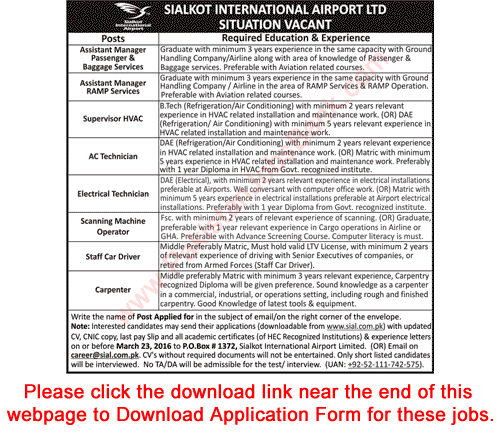 Sialkot International Airport Jobs 2016 March Application Form Managers, Technicians & Others Latest