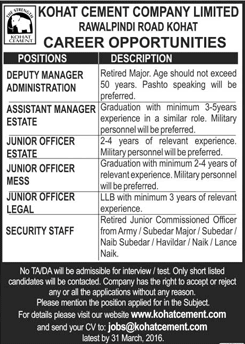 Kohat Cement Company Limited Jobs 2016 March Managers, Officers & Security Staff Latest