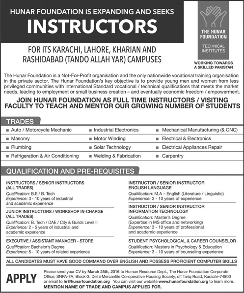 Hunar Foundation Jobs 2016 March Pakistan Instructors, Manager & Career Counselor at Technical Institutes Latest