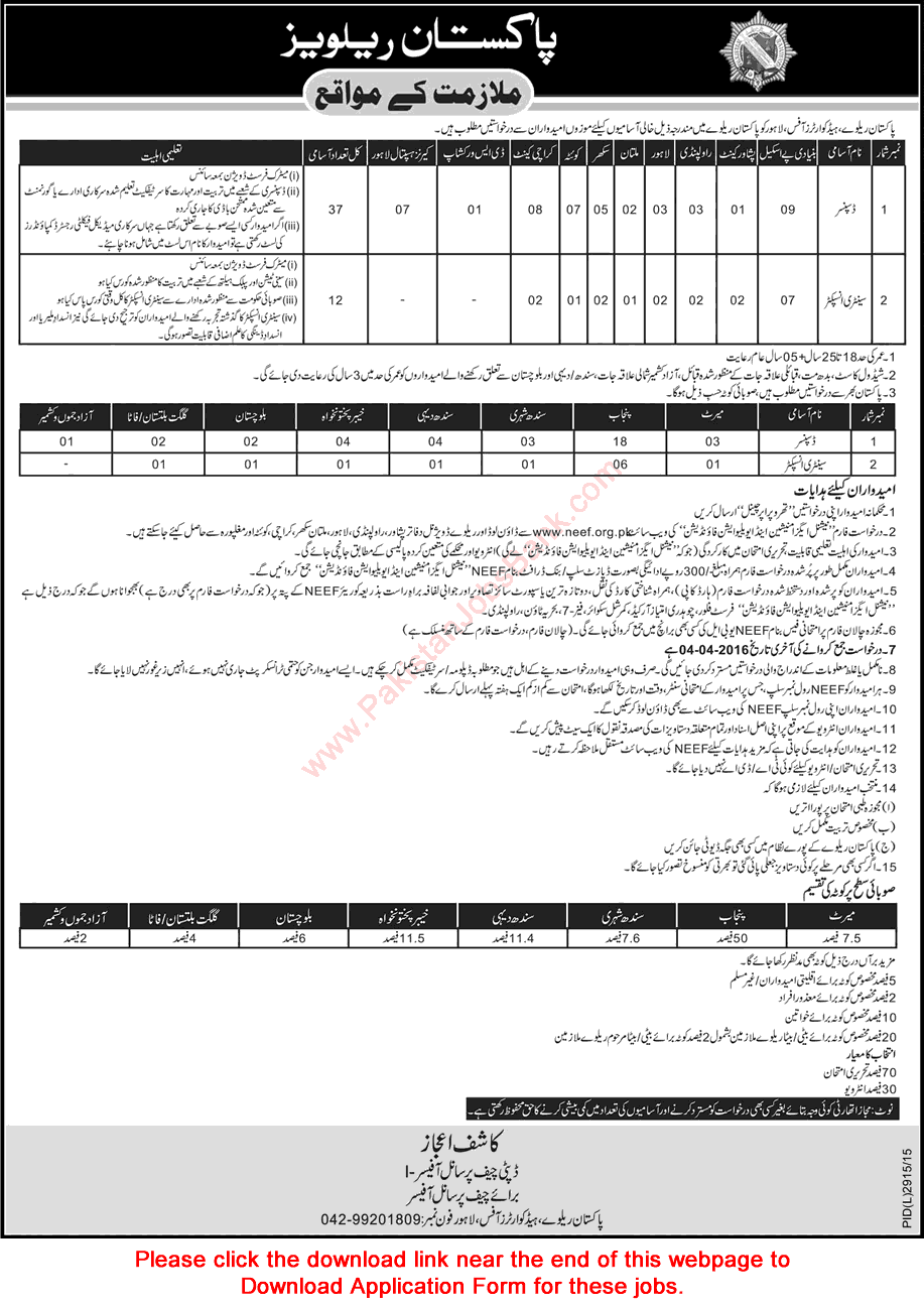 Pakistan Railways Jobs March 2016 NEEF Application Form Dispensers & Sanitary Inspectors Latest