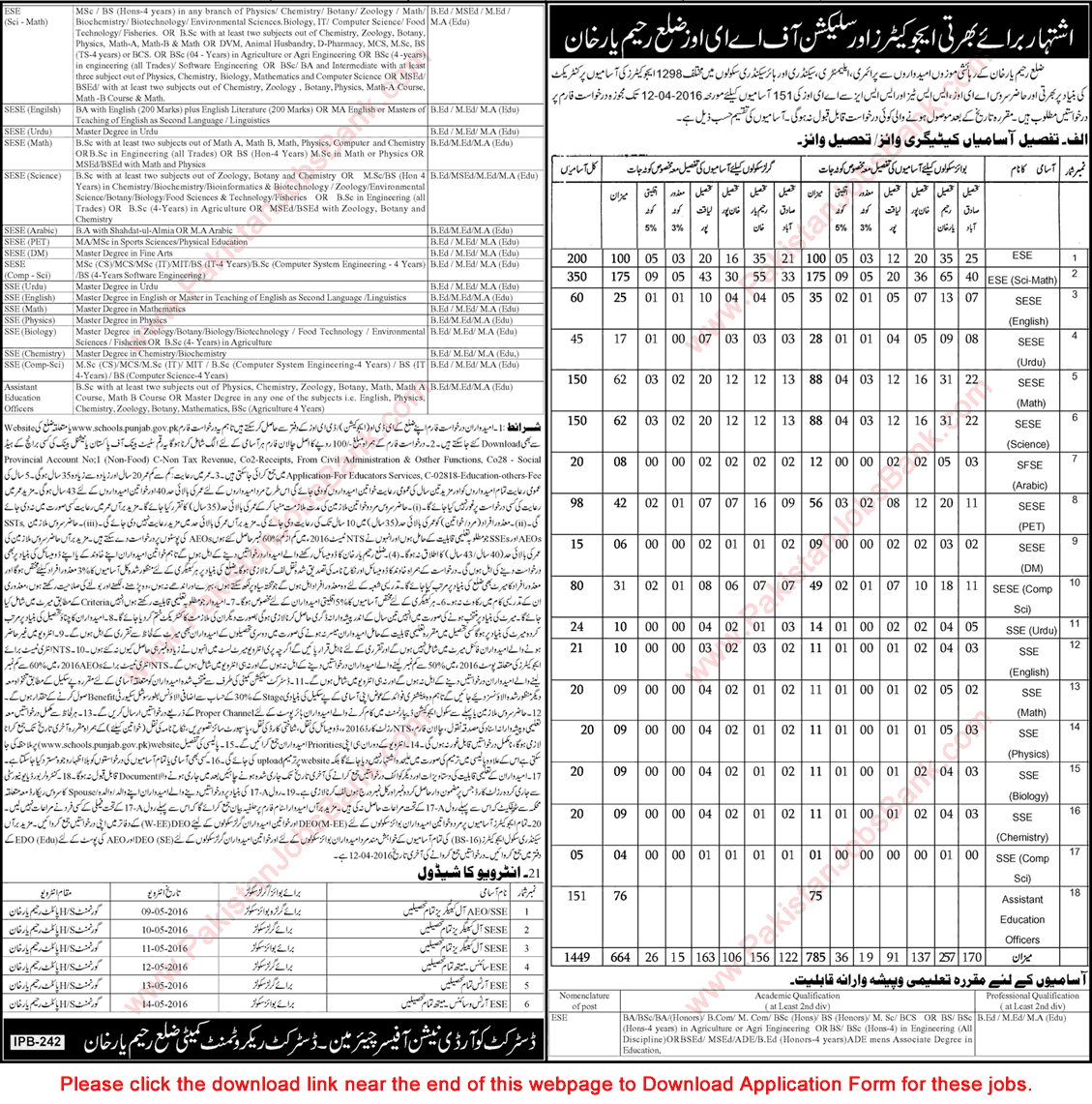Rahim Yar Khan School Education Department Jobs 2016 March Educators & AEO Application Form Latest