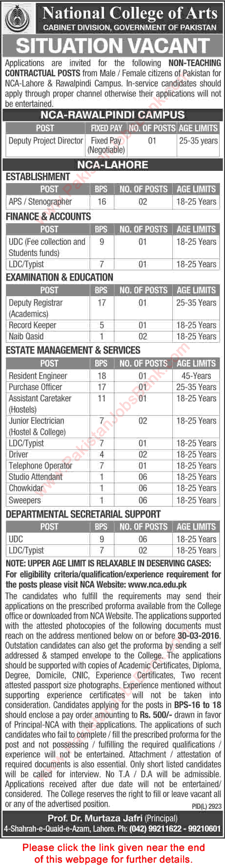 National College of Arts Lahore / Rawalpindi Jobs March 2016 NCA Application Form Download Latest
