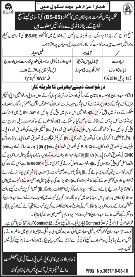 Balochistan Police Jobs 2016 March Constables Ex/Retired Army Personnel Latest Advertisement