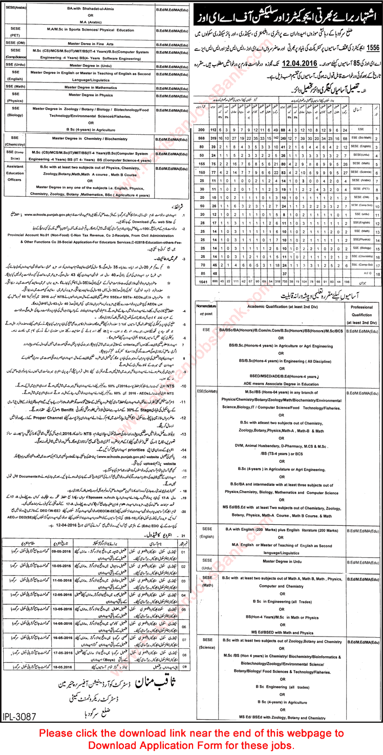 Education Department Sargodha Jobs 2016 March Educators & AEO at Government Schools Application Form Latest