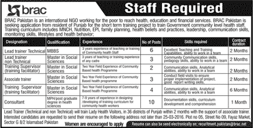 BRAC Pakistan Jobs 2016 March Trainers, Supervisors & Consultants NGO Latest