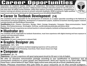 Association for Academic Quality Lahore Jobs 2016 March / April AFAQ Textbook Developers, Graphic Designers & Others