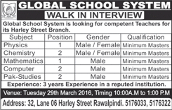 Global School System Rawalpindi Jobs 2016 March / April Teachers at Harley Street Branch Latest