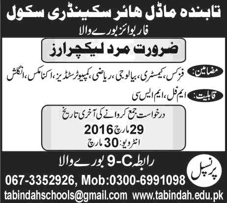 Tabindah Model High School Burewala Jobs 2016 March / April Lecturers / Teachers Latest