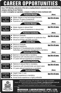 Marhaba Laboratories Pvt Ltd Lahore Jobs 2016 March / April Managers, Technicians & Others Latest