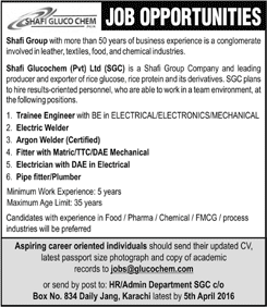 Shafi Gluco Chem Karachi Jobs 2016 March / April Trainee Engineers, Fitters, Welders, Electricians & Plumbers Latest