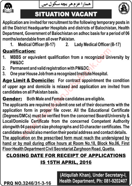 Health Department Balochistan Jobs April 2016 Medical Officers at DHQ Hospitals Latest