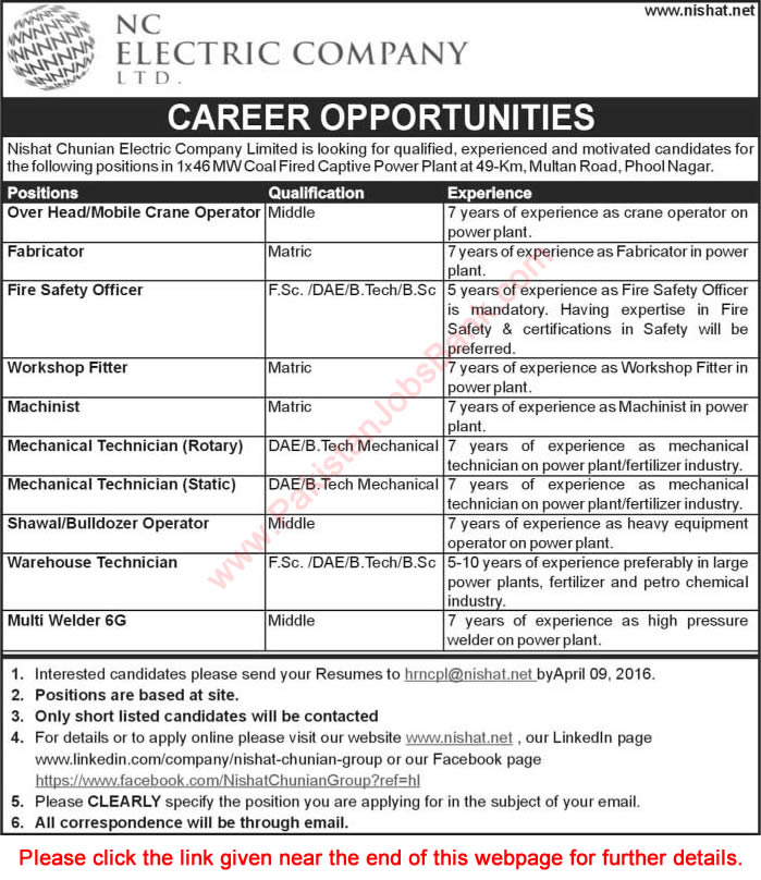 Nishat Chunian Power Plant Jobs April 2016 Fabricators, Machinist, Workshop Fitter, Technicians & Others Latest