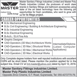 Master Sanitary Fittings Gujranwala Jobs 2016 April Engineers, CAD Operators, Architect & Graphic Designer Latest