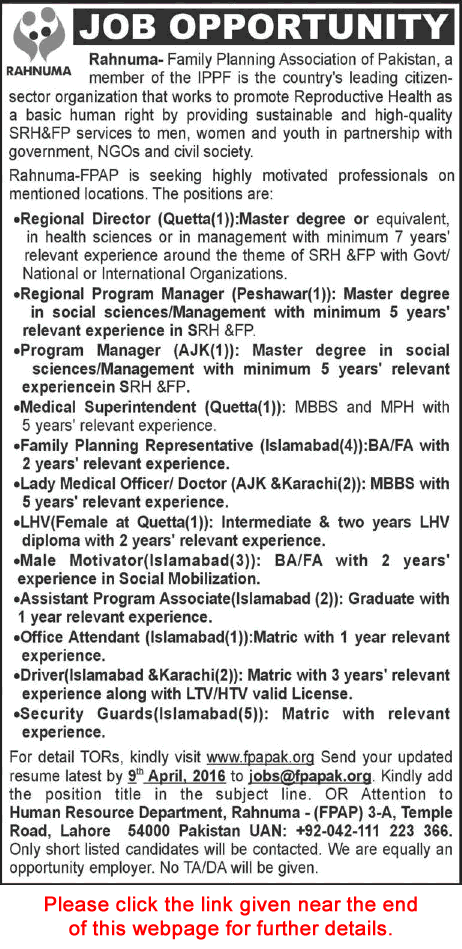 Rahnuma Family Planning Association of Pakistan (FPAP) Jobs 2016 April Program Managers, LHV & Others Latest