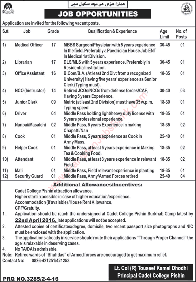 Cadet College Pishin Jobs 2016 April Retired NCO Instructors, Office Assistant, Clerk, Driver & Others Latest