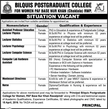 Bilquis Postgraduate College PAF Chaklala Rawalpindi Jobs 2016 April Teaching Faculty, Hardware Assistant & Others Latest