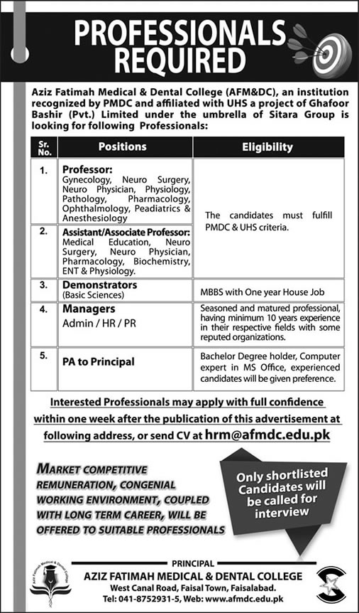 Aziz Fatimah Medical and Dental College Faisalabad Jobs 2016 April Teaching Faculty, Managers & Personal Assistant Latest